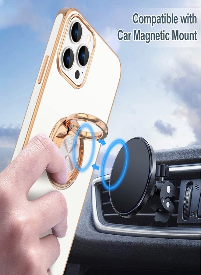 Hython for iPhone 14 Pro Max Case with Ring Stand [360° Rotatable Ring Holder Magnetic Kickstand] [Support Car Mount] Plated Gold Edge Slim Soft TPU Luxury Protective Phone Case Cover, White - Image 5